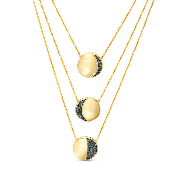 0.18 CT. T.W. Black Diamond Moon Triple Strand Necklace in Sterling Silver and 14K Gold Plate - 28"