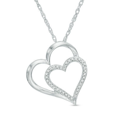 0.10 CT. T.W. Diamond Tilted Motherly Hearts Pendant in Sterling Silver