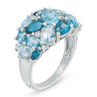 Multi-Shaped Blue Topaz and Lab-Created White Sapphire Cluster Dome Ring in Sterling Silver