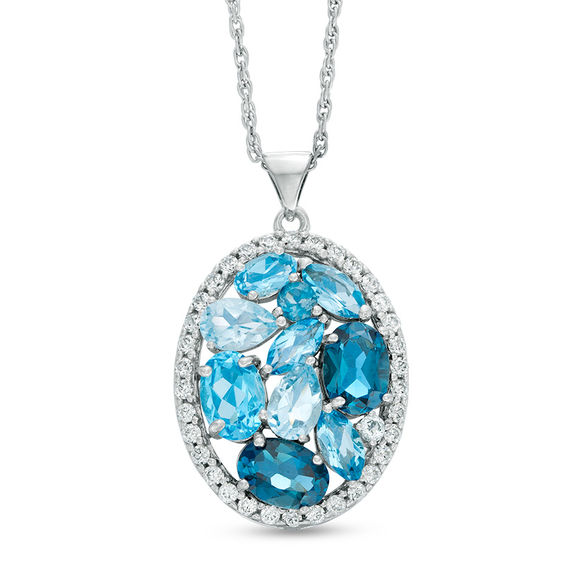 Multi-Shaped Blue Topaz and Lab-Created White Sapphire Frame Oval Cluster Pendant in Sterling Silver