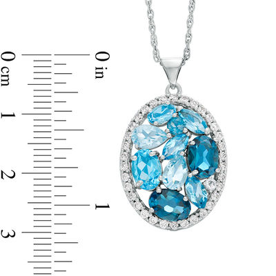 Multi-Shaped Blue Topaz and Lab-Created White Sapphire Frame Oval Cluster Pendant in Sterling Silver