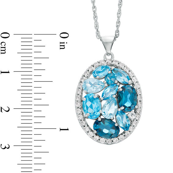 Multi-Shaped Blue Topaz and Lab-Created White Sapphire Frame Oval Cluster Pendant in Sterling Silver