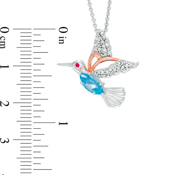 Swiss Blue Topaz, Lab-Created Ruby and White Sapphire Hummingbird Pendant in Sterling Silver and 14K Rose Gold Plate