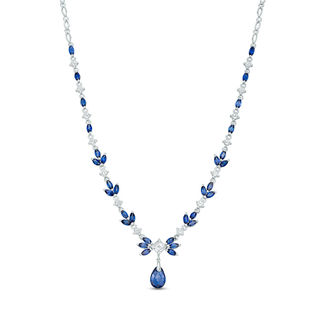 Multi-Shaped Lab-Created Blue and White Sapphire Floral Drop Necklace in Sterling Silver - 17"