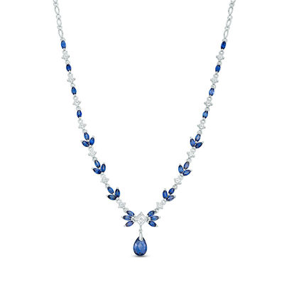 Multi-Shaped Lab-Created Blue and White Sapphire Floral Drop Necklace in Sterling Silver - 17"