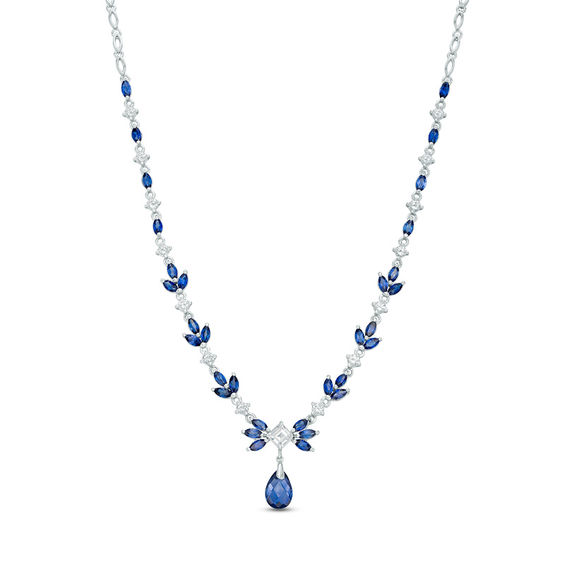 Multi-Shaped Lab-Created Blue and White Sapphire Floral Drop Necklace in Sterling Silver - 17"