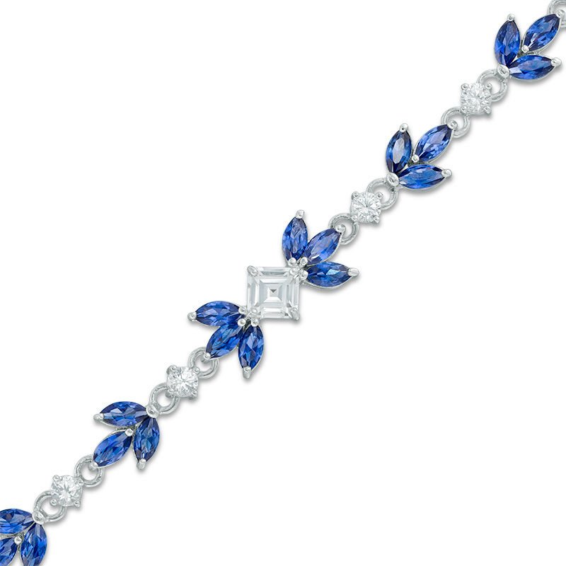 Lab-Created Blue and White Sapphire Floral Bracelet in Sterling Silver - 7.25"
