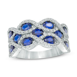 Oval Lab-Created Blue and White Sapphire Woven Double Row Ring in Sterling Silver