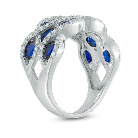 Oval Lab-Created Blue and White Sapphire Woven Double Row Ring in Sterling Silver