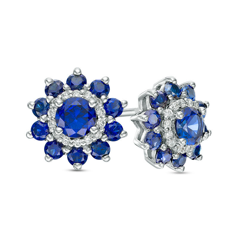 4.0mm Lab-Created Blue and White Sapphire Flower Frame Stud Earrings in 10K White Gold|Peoples Jewellers