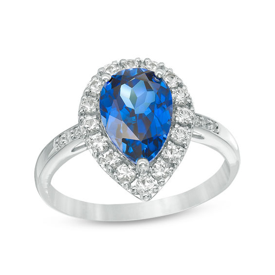 Pear-Shaped Lab-Created Blue and White Sapphire Frame Ring in Sterling ...