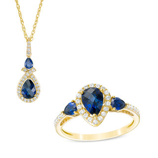 Pear-Shaped Lab-Created Blue and White Sapphire Frame Pendant and Ring Set in 10K Gold