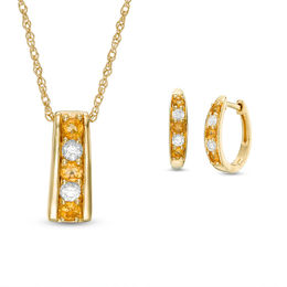 Alternating Citrine and Lab-Created White Sapphire Pendant and Hoop Earrings Set in Sterling Silver with 14K Gold Plate