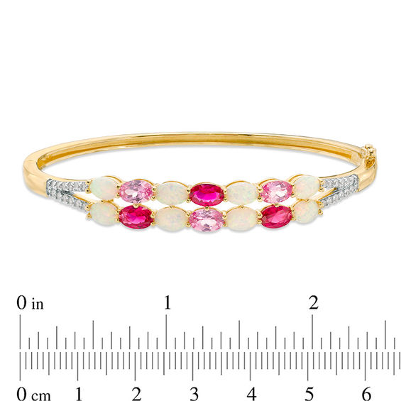 Oval Lab-Created Multi-Gemstone and White Sapphire Double Row Split Bangle in Sterling Silver with 14K Gold Plate