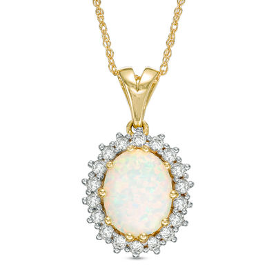 Oval Lab-Created Opal and White Sapphire Sunburst Frame Pendant in 10K Gold