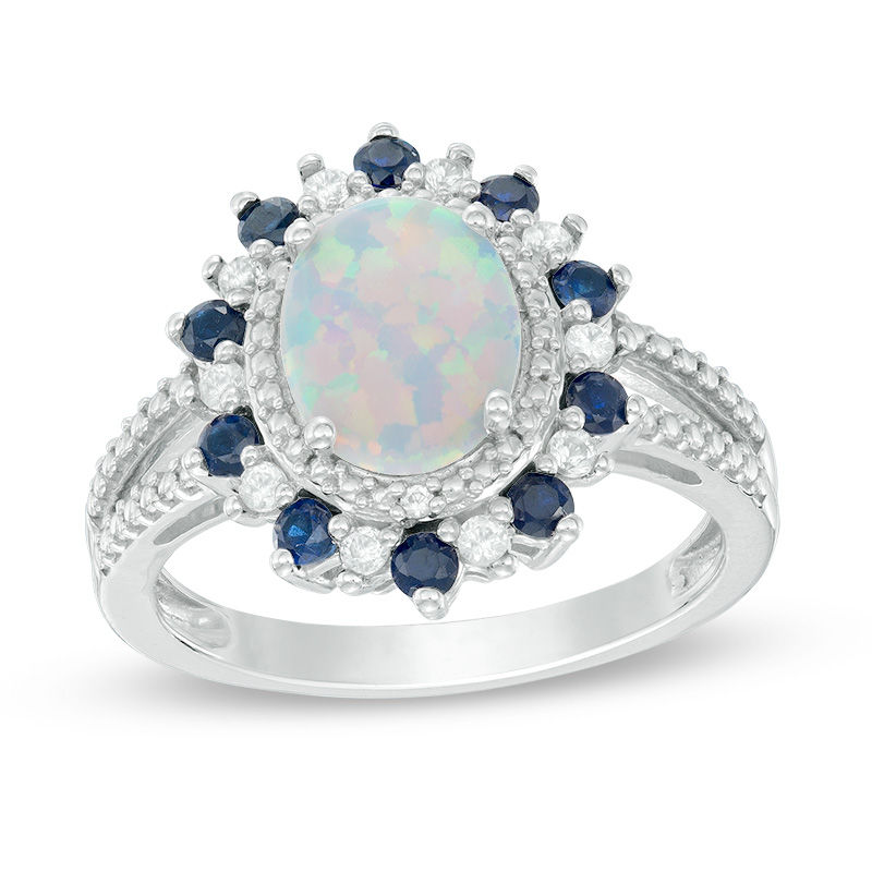 Oval Lab-Created Opal, Blue and White Sapphire Frame Split Shank Ring in Sterling Silver|Peoples Jewellers