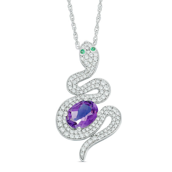 Oval Amethyst, Lab-Created Emerald and White Sapphire Snake Pendant in Sterling Silver