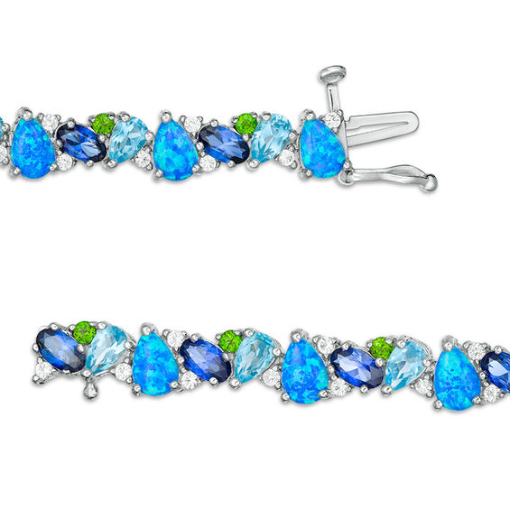 Multi-Gemstone Cluster and Lab-Created White Sapphire Bracelet in Sterling Silver - 7.25"