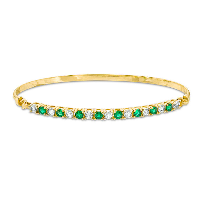 Lab-Created Emerald and White Sapphire Bangle in Sterling Silver with 14K Gold Plate - 7.5"|Peoples Jewellers