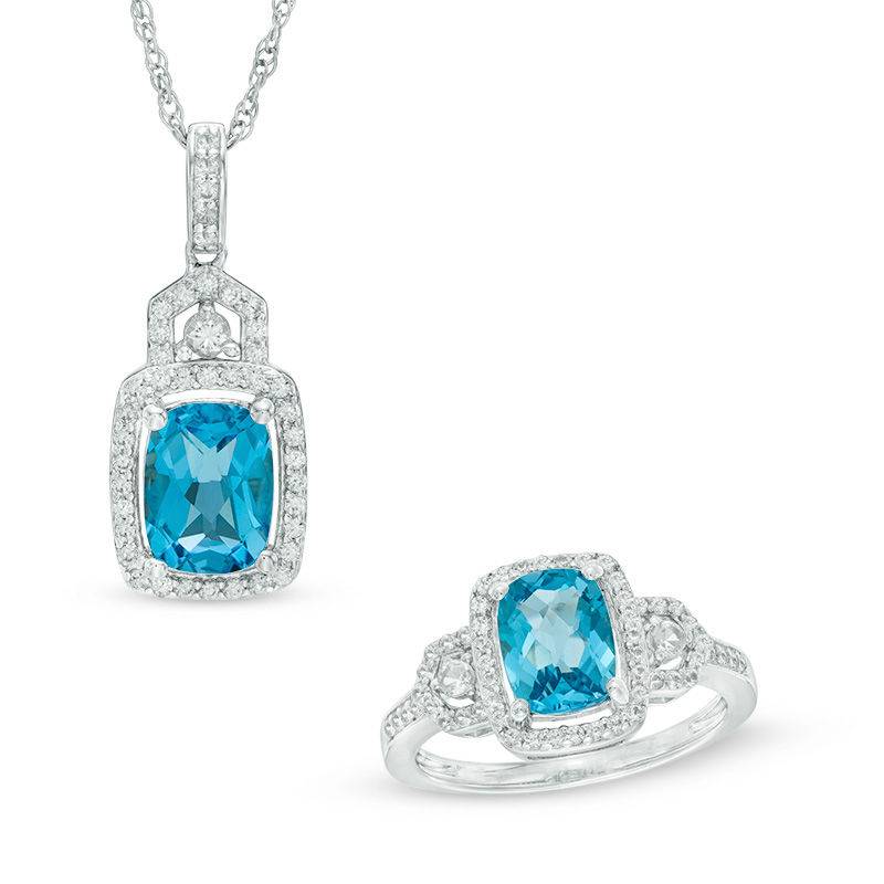 Blue Topaz and Lab-Created White Sapphire Buckle Frame Pendant and Ring Set in Sterling Silver|Peoples Jewellers