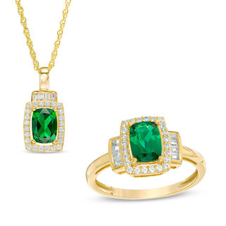 Cushion-Cut Lab-Created Emerald and White Sapphire Frame Pendant and Ring Set in 10K Gold