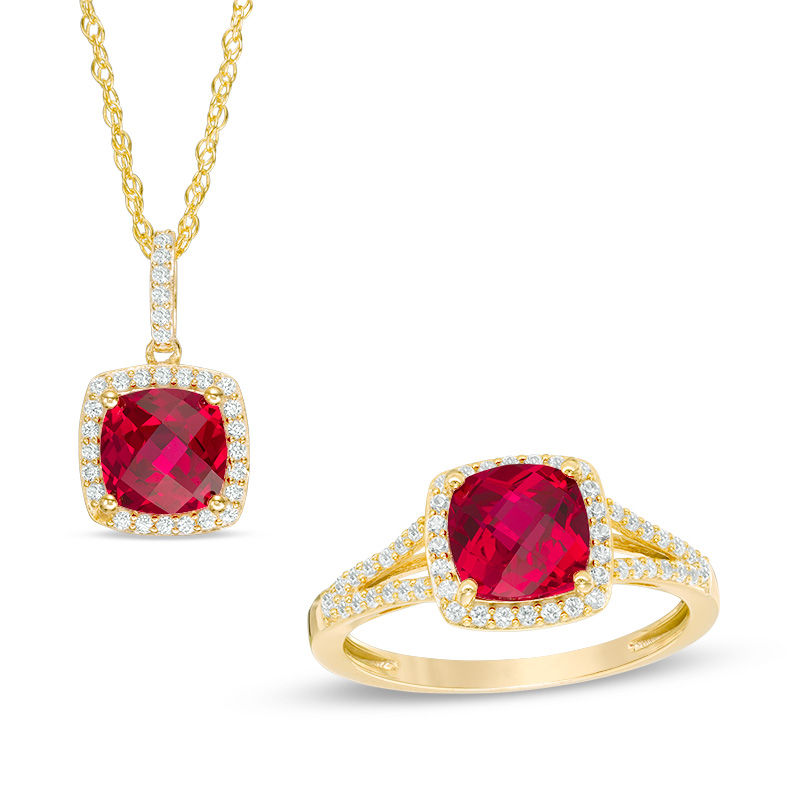 7.0mm Cushion-Cut Lab-Created Ruby and White Sapphire Frame Pendant and Ring Set in 10K Gold