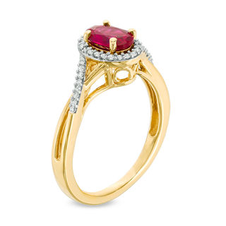 Oval Lab-Created Ruby and 0.13 CT. T.W. Diamond Frame Split Shank Ring in 10K Gold