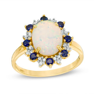 Oval Lab-Created Opal, Blue and White Sapphire Starburst Frame Ring in 10K Gold