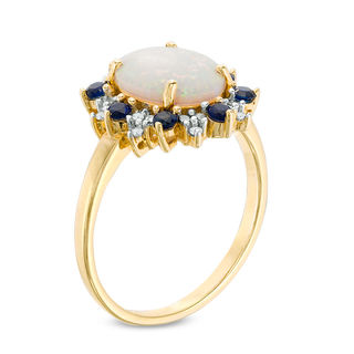 Oval Lab-Created Opal, Blue and White Sapphire Starburst Frame Ring in 10K Gold