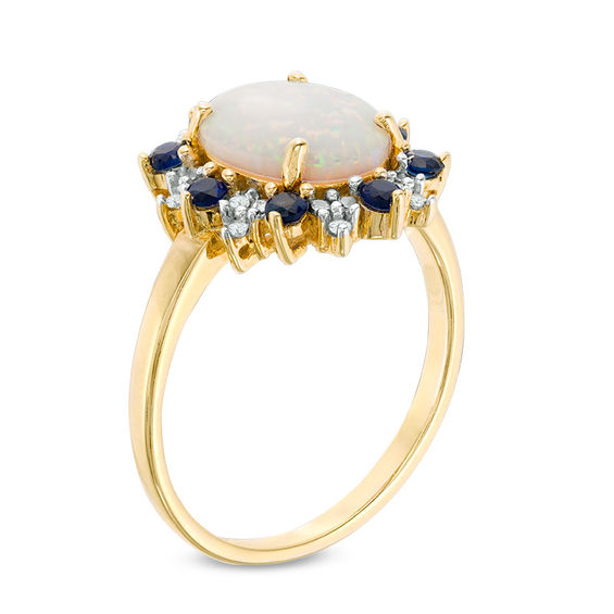 Oval Lab-Created Opal, Blue and White Sapphire Starburst Frame Ring in 10K Gold