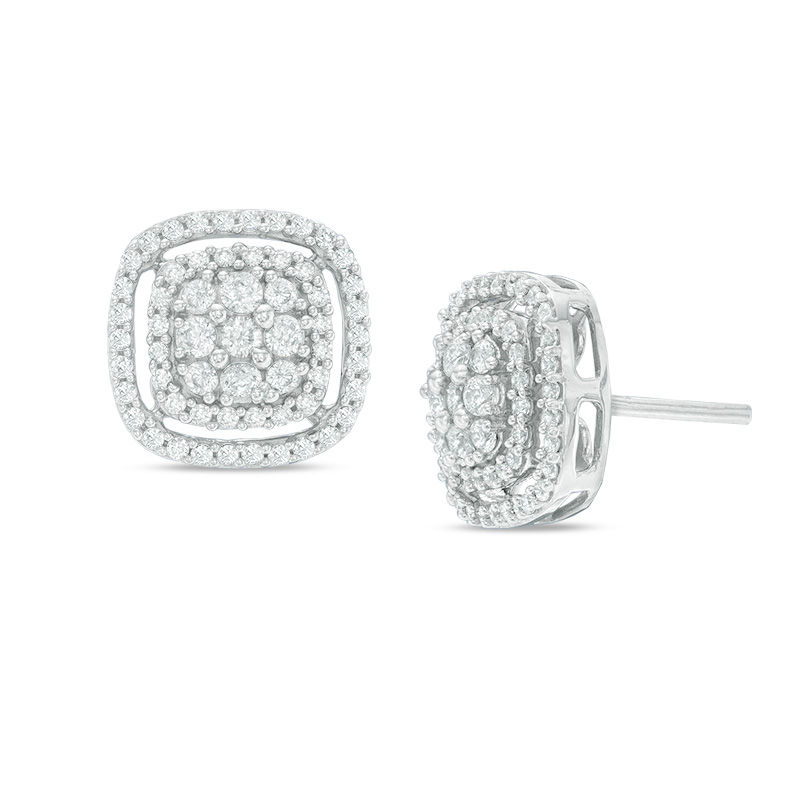 0.70 CT. T.W. Diamond Double Cushion Frame Stud Earrings in 10K White Gold|Peoples Jewellers