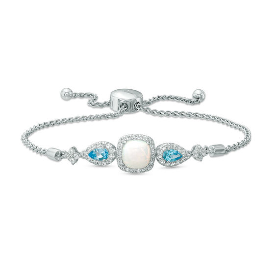 7.0mm Cushion-Cut Lab-Created Opal, White Sapphire and Swiss Blue Topaz Bolo Bracelet in Sterling Silver - 9.0"