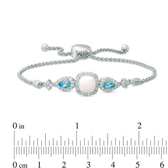 7.0mm Cushion-Cut Lab-Created Opal, White Sapphire and Swiss Blue Topaz Bolo Bracelet in Sterling Silver - 9.0"