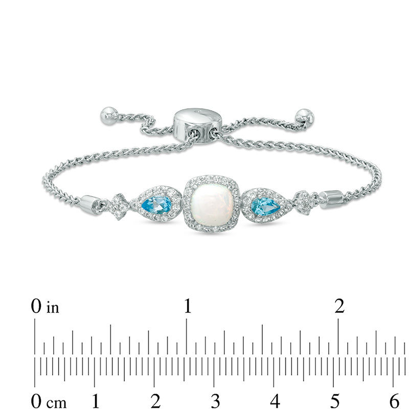 Main Image 2 of 7.0mm Cushion-Cut Lab-Created Opal, White Sapphire and Swiss Blue Topaz Bolo Bracelet in Sterling Silver - 9.0&quot;