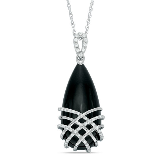 Pear-Shaped Onyx and Lab-Created White Sapphire Lattice Overlay Pendant in Sterling Silver