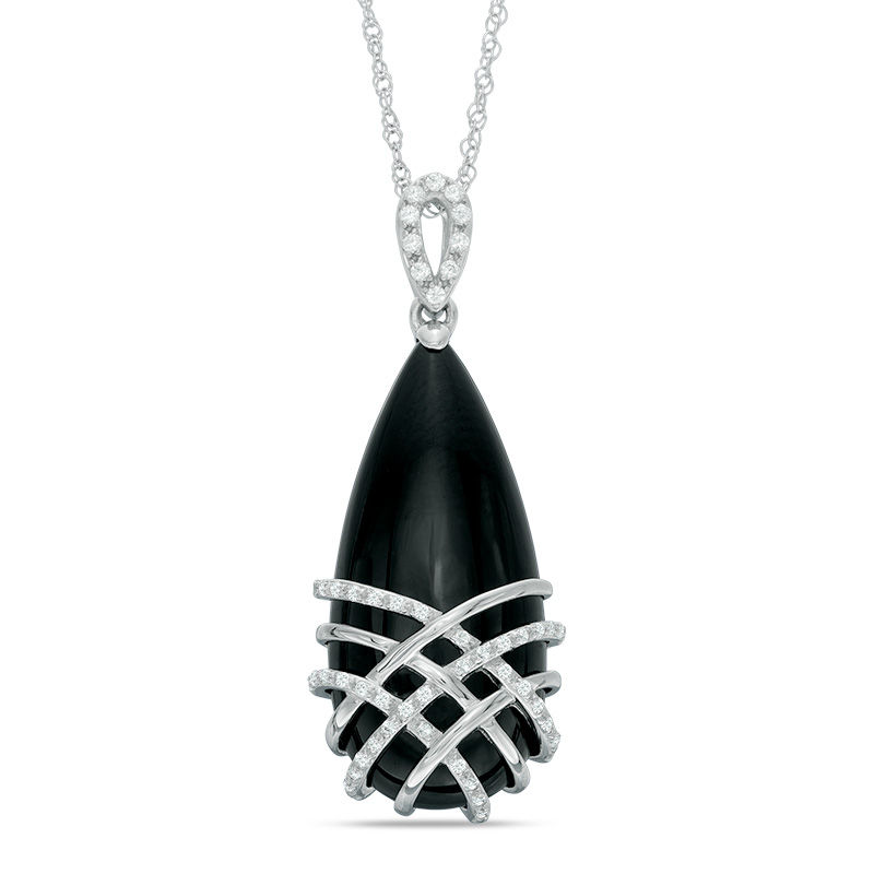 Pear-Shaped Onyx and Lab-Created White Sapphire Lattice Overlay Pendant in Sterling Silver|Peoples Jewellers