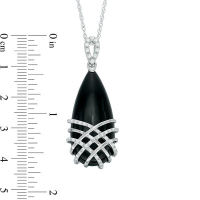 Pear-Shaped Onyx and Lab-Created White Sapphire Lattice Overlay Pendant in Sterling Silver