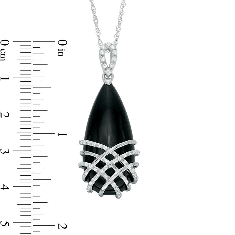 Pear-Shaped Onyx and Lab-Created White Sapphire Lattice Overlay Pendant in Sterling Silver|Peoples Jewellers