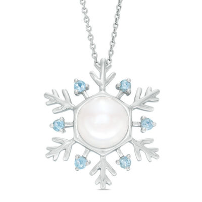 8.0mm Baroque Freshwater Cultured Pearl and London Blue Topaz Snowflake Pendant in Sterling Silver