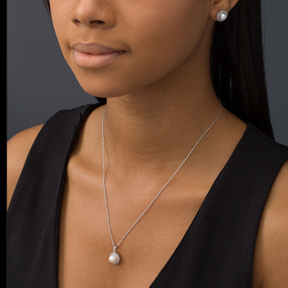 Button Freshwater Cultured Pearl and Lab-Created White Sapphire Frame Pendant and Stud Earrings Set in Sterling Silver