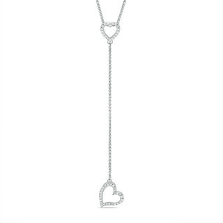 0.15 CT. T.W. Diamond Tilted Heart "Y" Necklace in Sterling Silver - 38"