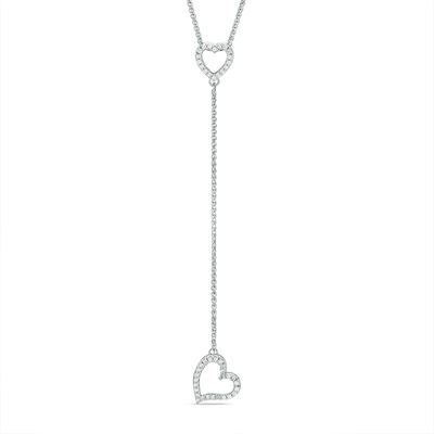 0.15 CT. T.W. Diamond Tilted Heart "Y" Necklace in Sterling Silver - 38"