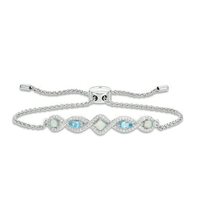 Lab-Created Opal, Swiss Blue Topaz and White Sapphire Geometric Bolo Bracelet in Sterling Silver - 9.0"