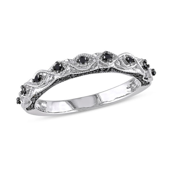 0.13 CT. T.W. Black Diamond Vintage-Style Wedding Band in 10K White Gold with Black Rhodium