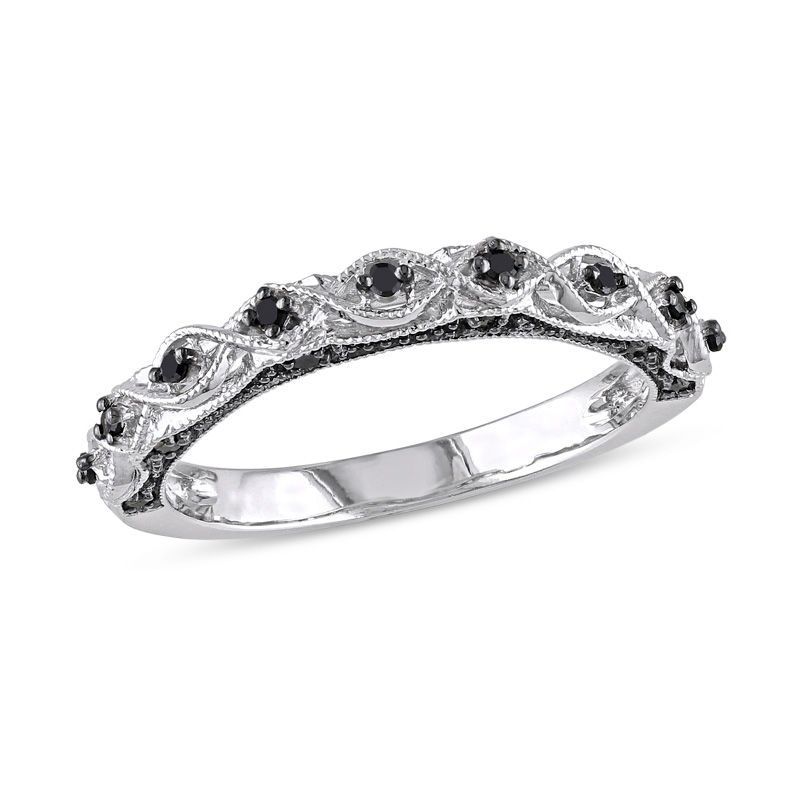0.13 CT. T.W. Black Diamond Vintage-Style Wedding Band in 10K White Gold with Black Rhodium|Peoples Jewellers