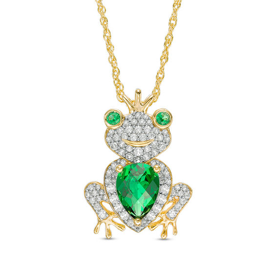 Pear-Shaped Lab-Created Emerald and White Sapphire Frog Prince Pendant in Sterling Silver with 14K Gold Plate