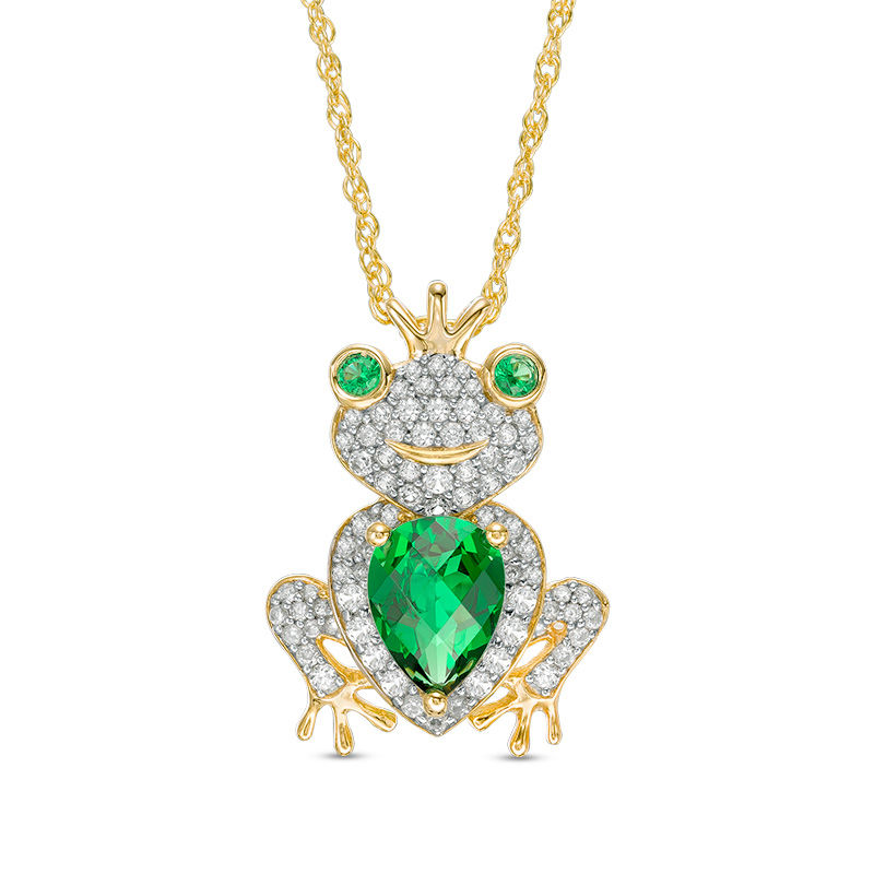 Pear-Shaped Lab-Created Emerald and White Sapphire Frog Prince Pendant in Sterling Silver with 14K Gold Plate|Peoples Jewellers