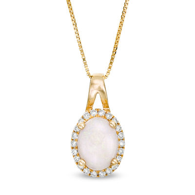 Oval Opal and 0.09 CT. T.W. Diamond Frame Pendant in 10K Gold