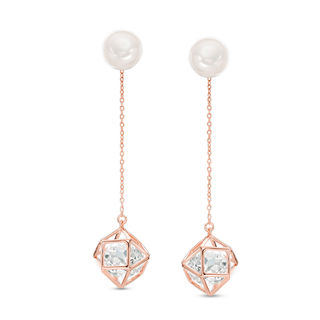 Freshwater Cultured Pearl and Lab-Created White Sapphire Cage Drop Earrings in Sterling Silver with 18K Rose Gold Plate