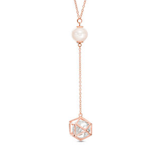 Freshwater Cultured Pearl and Lab-Created White Sapphire Cage Drop Necklace in Sterling Silver with 18K Rose Gold Plate